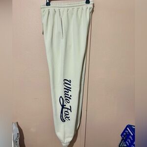 White Fox Boutique Cream Sweatpants with Navy Logo